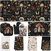 Mysora 10 Pcs Mushrooms Kitchen Gift 4 Dish Towels Tea Towels 2 Oven Mitts 2 Pot Holders Gothic 2 Mats Kitchen Accessories for Cooking Baking