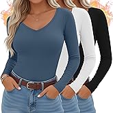Sweetyweee 3 Pack Women's Thermal Shirts Long Sleeve V Neck Fleece Lined Undershirts Slim Fit Basic Tops Fall Winter Clothes