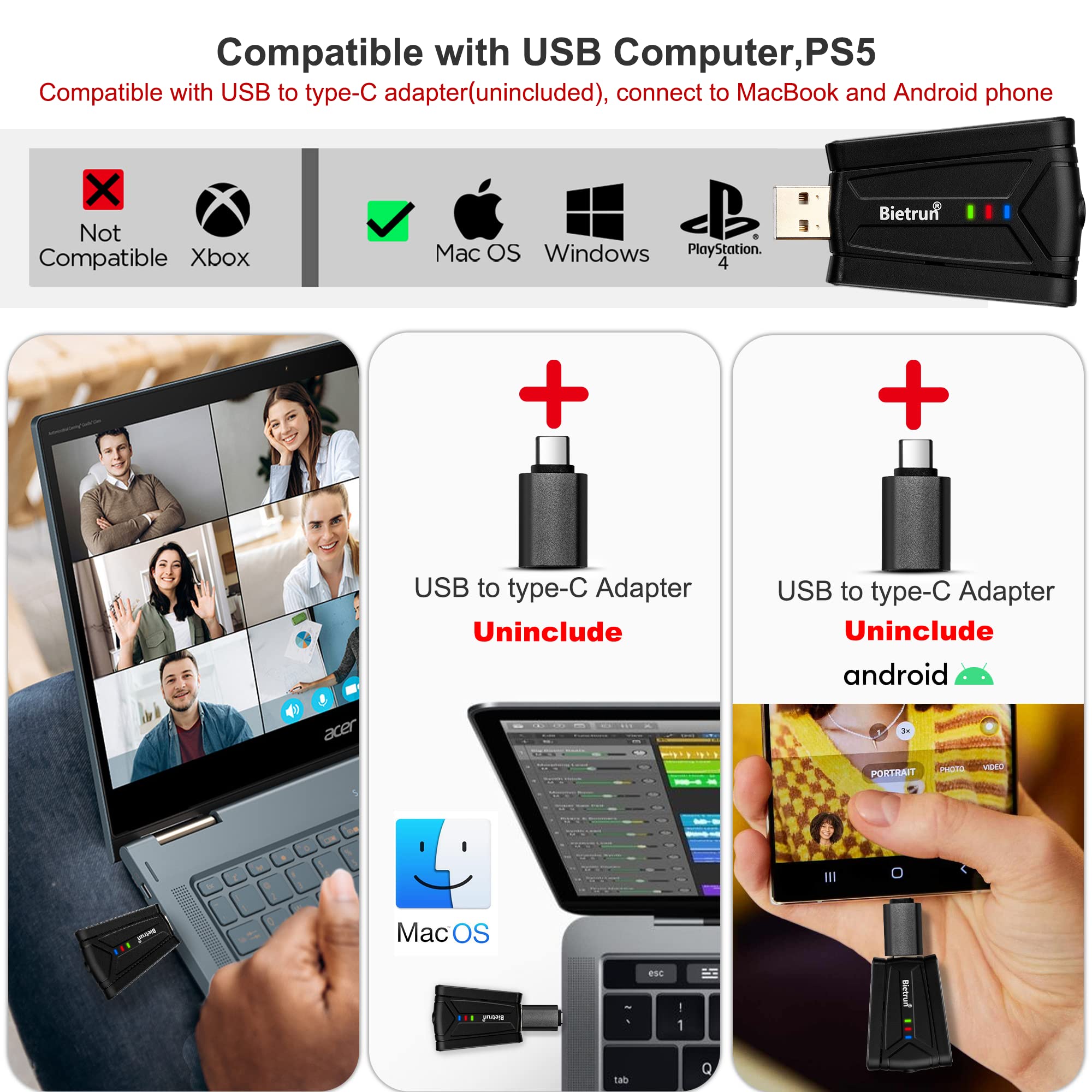 Bietrun Wireless USB Microphone for Computer, UHF Wireless Headset Mic and Lapel Lavalier Microphone System with USB Receiver for PC/Desktop/Laptop, Plug&Play, for Zoom, Meeting, Podcast, Recording