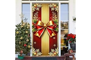 BlissYard Christmas Door Cover 71x35 Inch Gift Box Door Banner, Merry Christmas Winter Porch Sign with Red and Gold Bow, Holiday Entry Decor Indoor Outdoor Farmhouse Party Hanging Cover