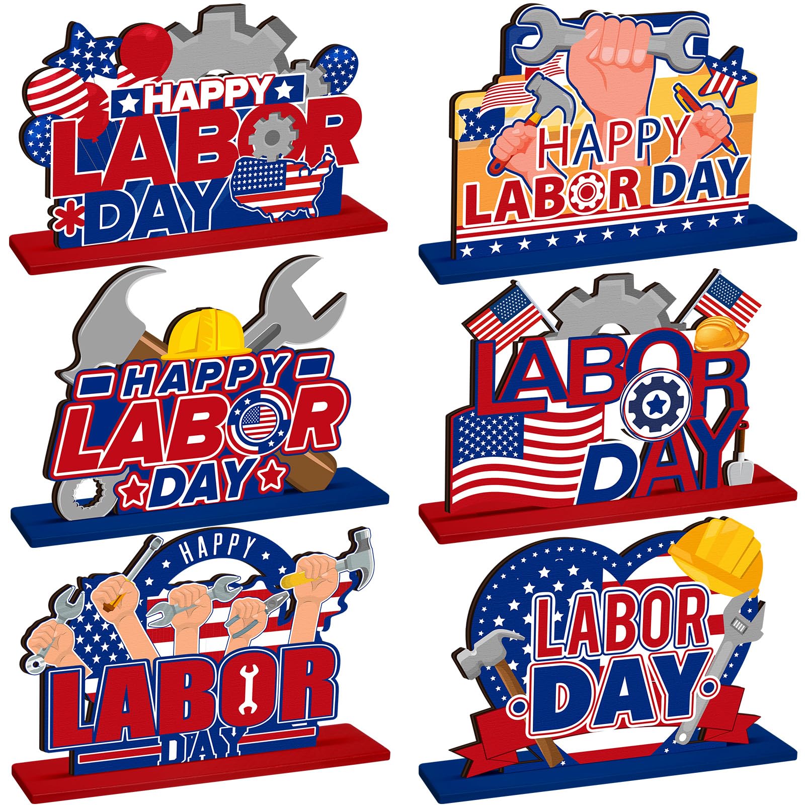 Photo 1 of 6 Pcs Labor Day Decoration Wooden Party Table Centerpieces Supplies Patriotic Theme Table Decorations for American Labor Day Party