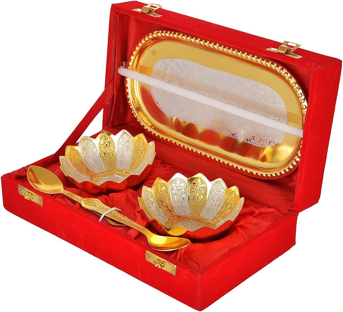 Oil Lamps & Accessories - NOBILITY Gold Silver Plated Bowl Spoon Tray Set Dry Fruits Dessert Serving Set Diwali Gifts Friends Family Home Decorative Corporate Christmas Wedding Return Gift Items