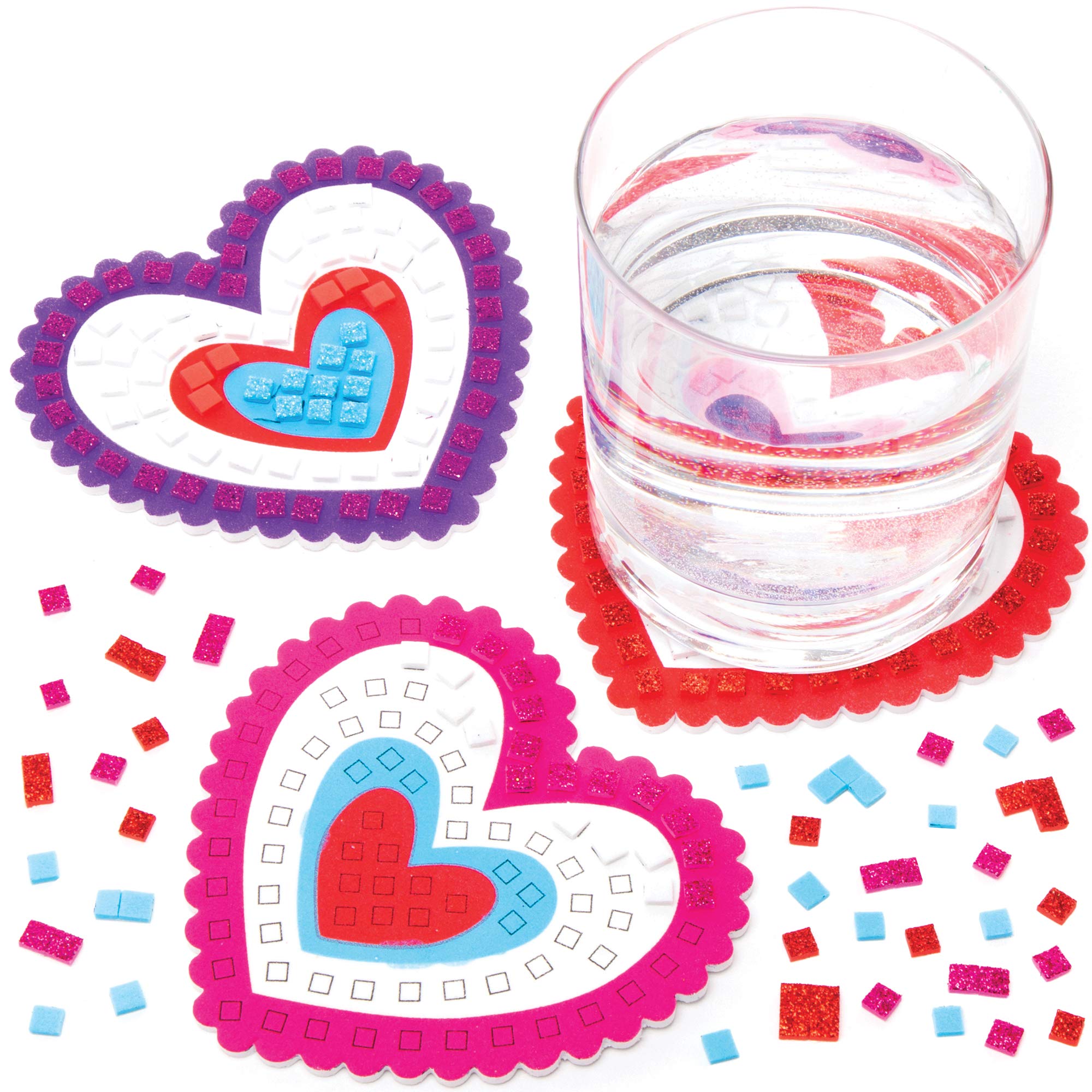 Baker Ross AT540 Mosaic Heart Coaster Kits - Pack of 6, Creative Valentine's Day Art and Craft Supplies for Kids to Make and Decorate