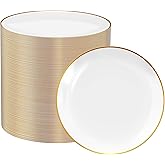 FOCUSLINE 100 Count Gold Plastic Plates 7 Inch, Disposable Heavy Duty Salad Dessert Plates, Premium Hard Plastic Plate Disposable with Gold Rim for Wedding Parties