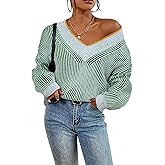 Cakulo Womens Fall 2025 Oversized Striped V Neck Sweaters Long Sleeve Knit Color Block Trendy Pullover Sweater Top
