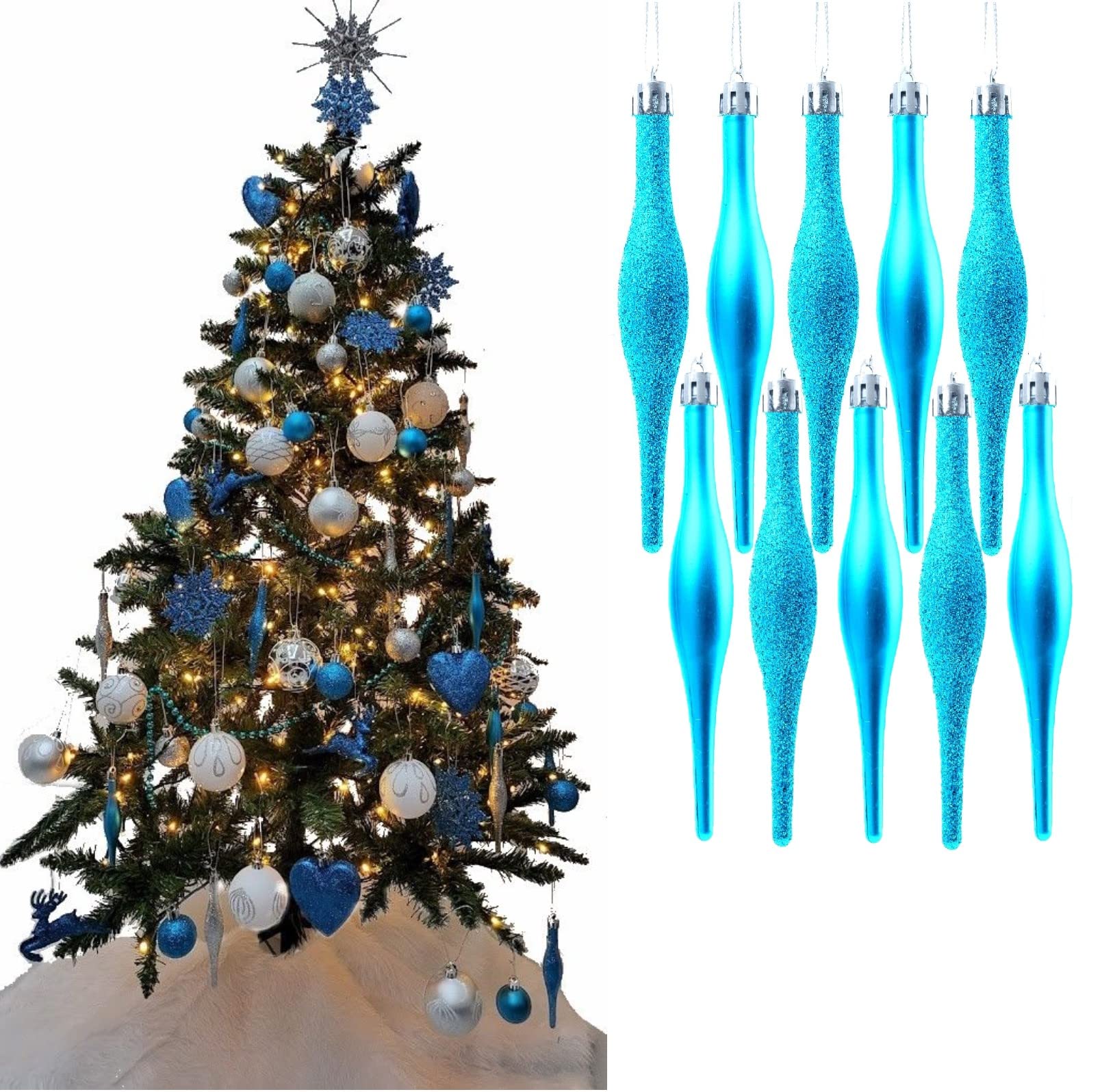 Simply Products 10 Droplet Baubles - Great Christmas Tree Decoration, Matte & Glitter Icicle Baubles (Turquoise Glitter & Matte) — image 1
