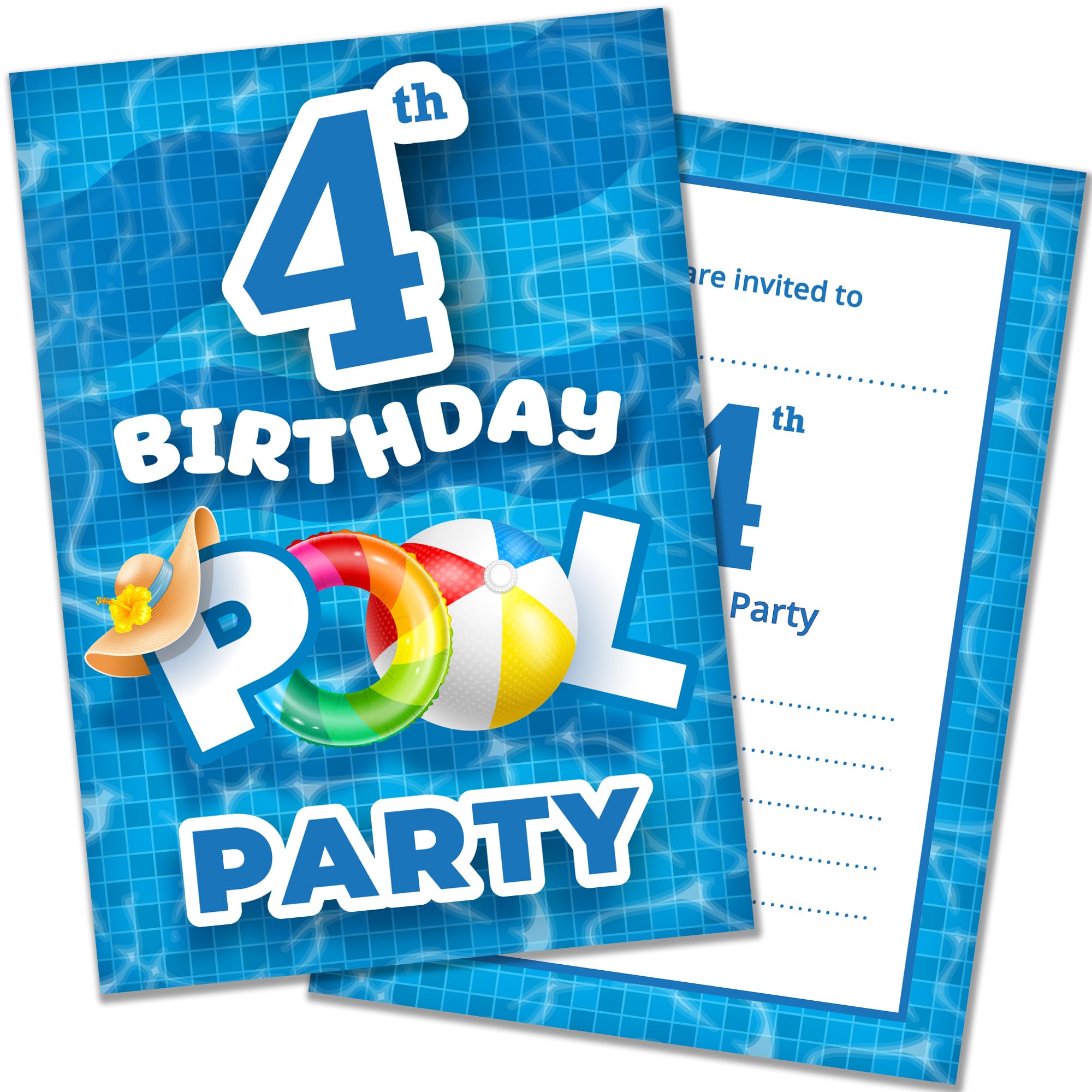 Olivia Samuel Pack of 20 Pool Party 4th Birthday Invitations with Envelopes - Ready to Write – Designed and Printed in the UK — image 1