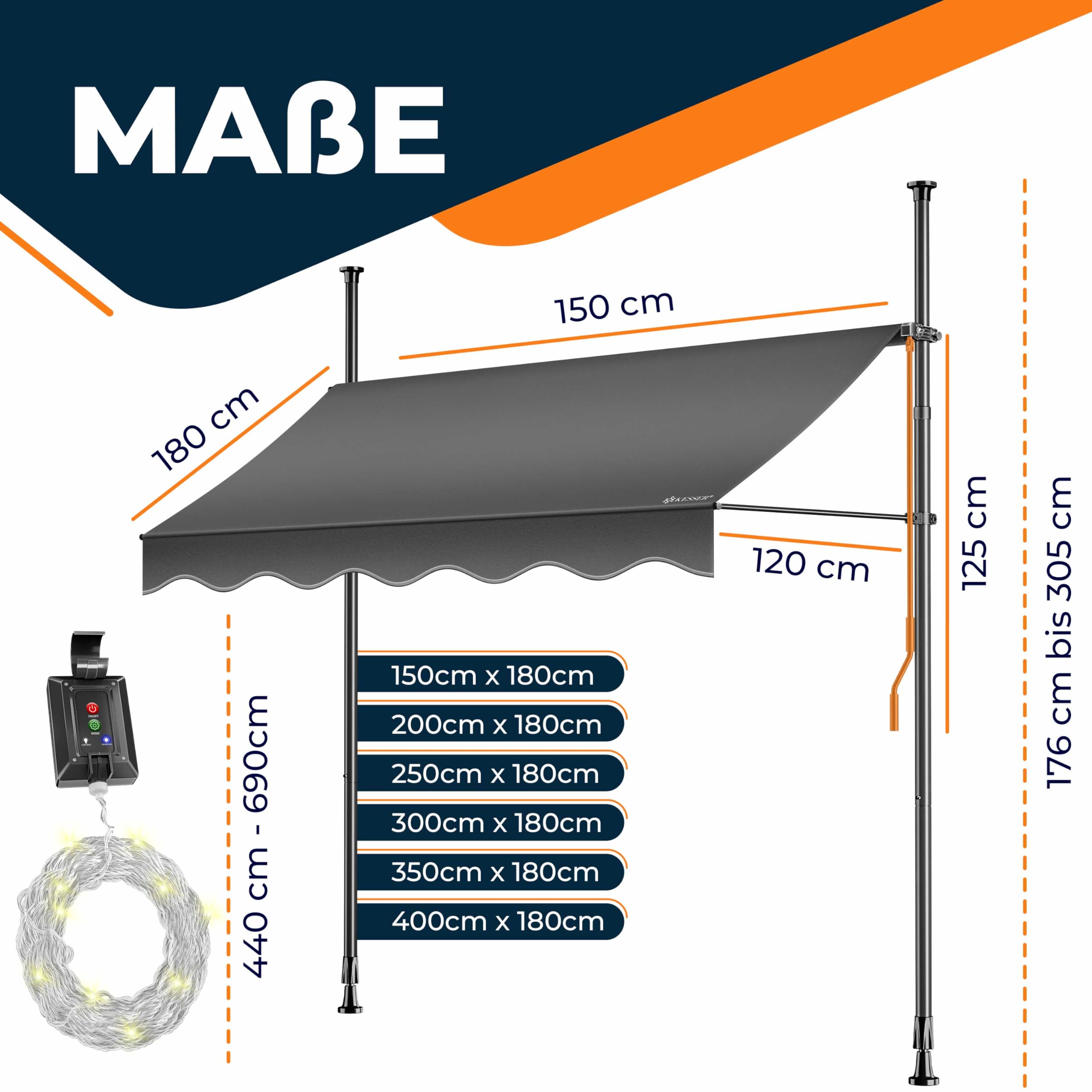 KESSER® Sonnenschutz Markise manuell ausziehbar 300cm | Sonnensegel UV Schutz Sonnenschutz | Klemmmarkise für Outdoor, Terrasse, Balkon, Garten höhenverstellbar ohne Bohren, Anthrazit 5