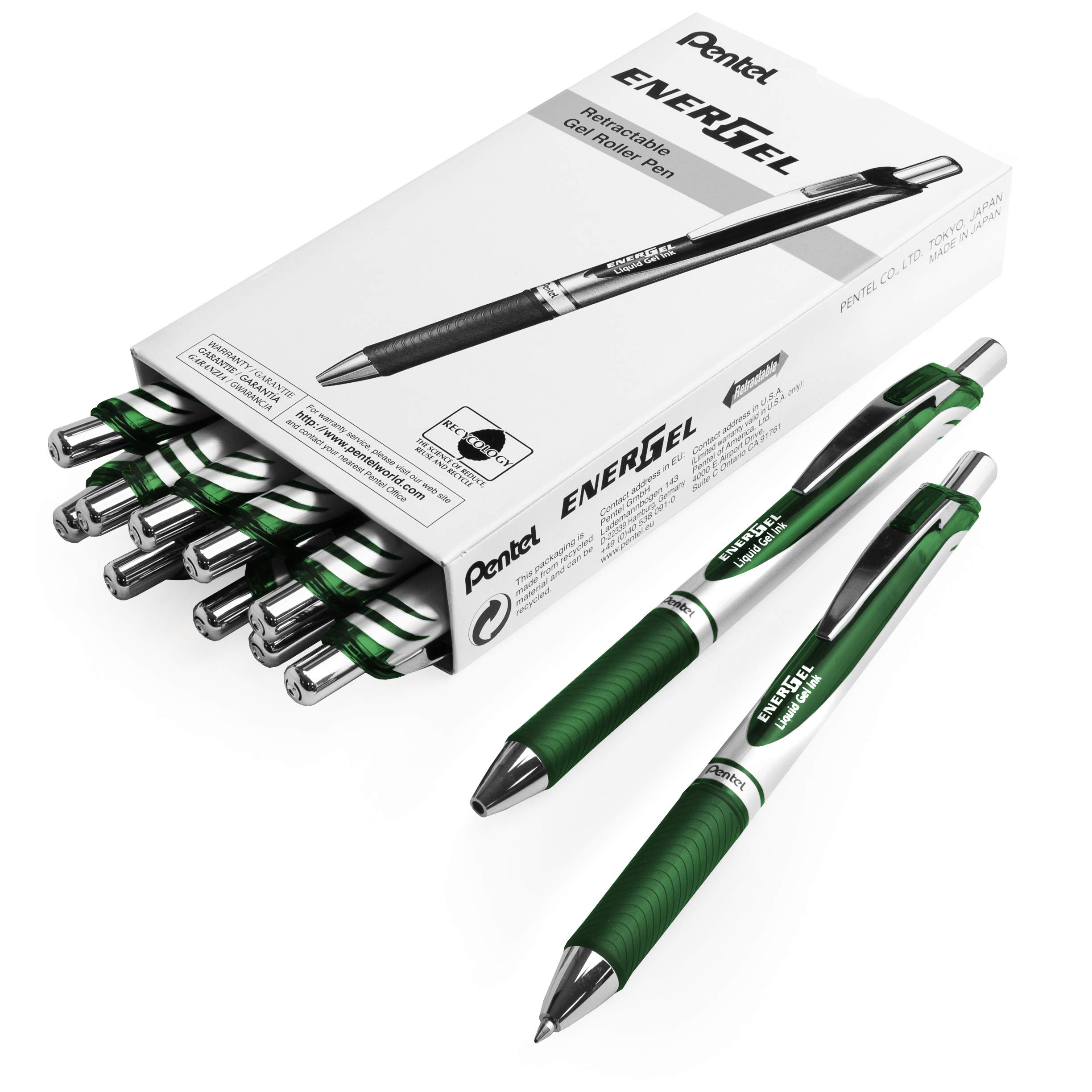 Pentel EnerGel XM BL77 - Retractable Liquid Gel Ink Pen - 0.7mm - 54% Recycled - Forest Green - Pack of 14