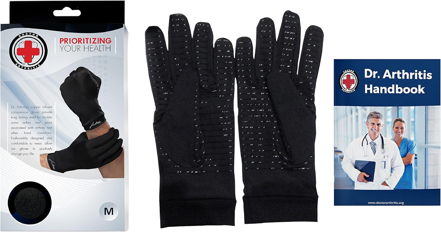 Doctor Developed Copper Gloves/Compression Gloves for Arthritis (Full-Length) and Doctor Written Handbook— Relieve Arthritis Symptoms, Raynauds Disease & Carpal Tunnel (One Pair) (M): Health & Personal Care