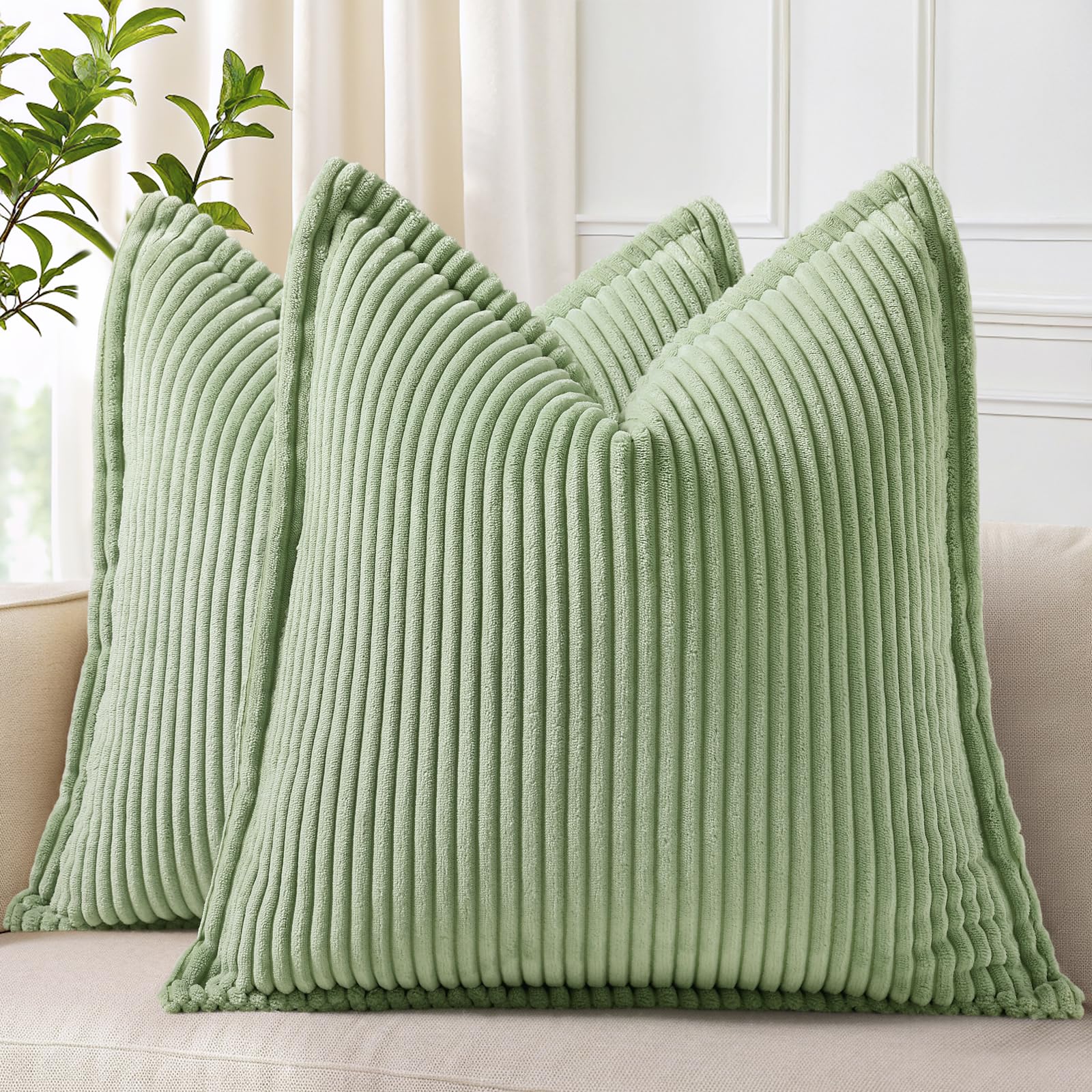 Photo 1 of decorUhome Corduroy Sage Green Throw Pillow Covers 20x20 Set of 2 Decorative Soft Boho Striped Neutral Euro Farmhouse Couch Pillow Cases with Broadside for Living Room Bed Sofa