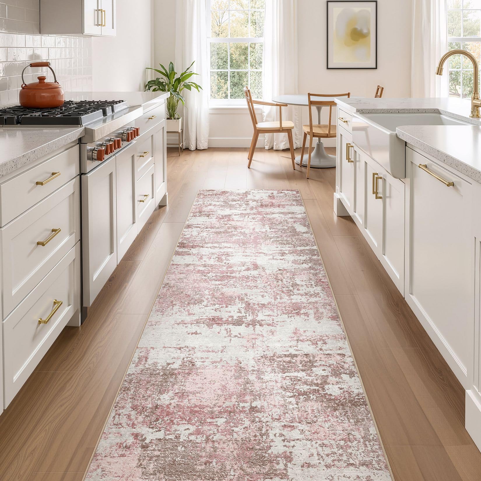 Area Rugs for Living Room: 3x10 Abstract Washable Rug Modern Neutral Large Soft Stain Resistant Non-Slip Backing Machine Table for Bedroom Dining Room Indoor Home Office Carpet - Pink Image