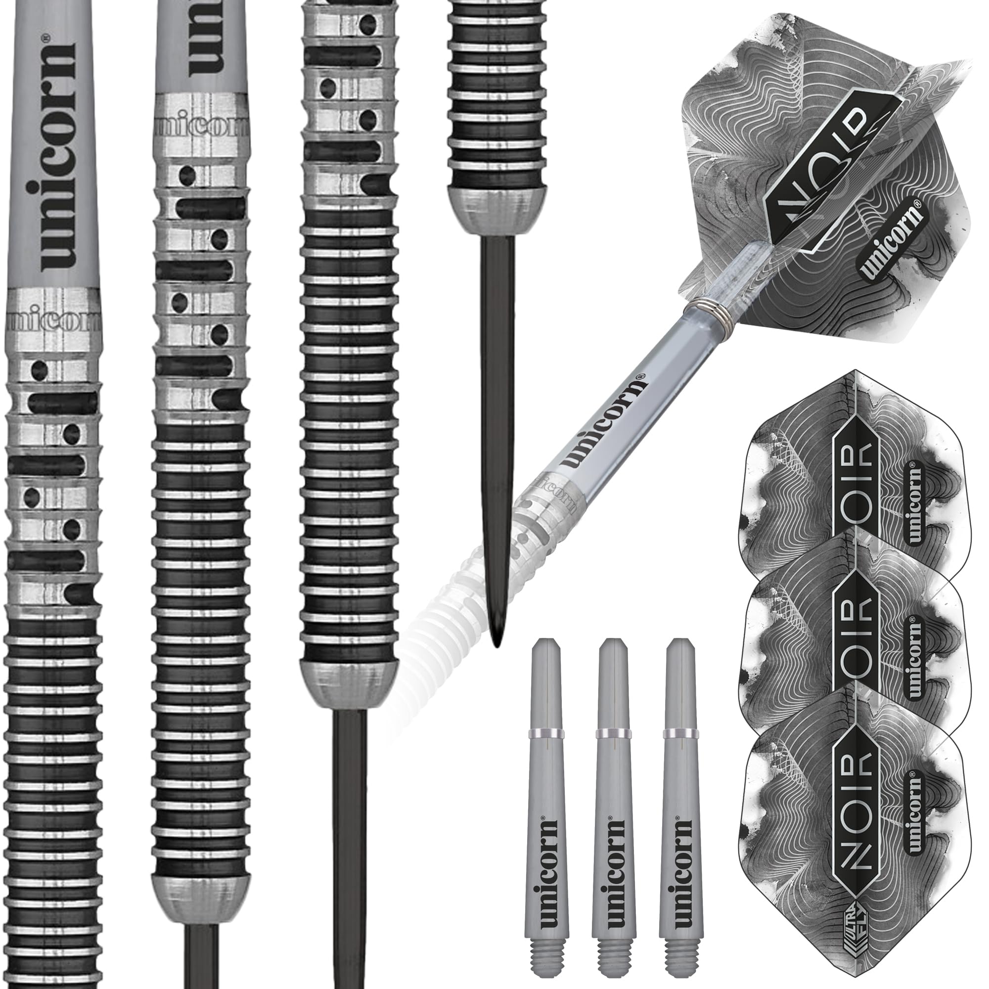 Unicorn Steel Tip Professional Darts Set | Gary 'The Flying Scotsman' Anderson Noir Organic Phase 5 | 90% Tungsten Barrels with Black Titanium Coating | 22 g