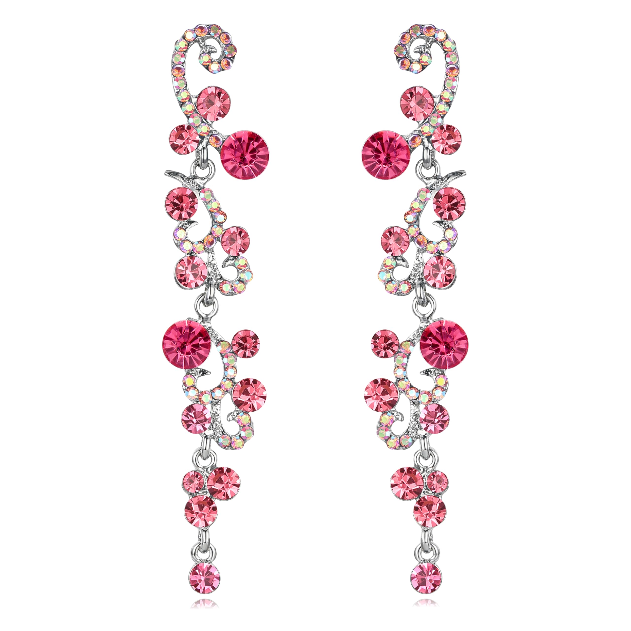 EVER FAITH Pink Earrings for Women Dangling, Sparkly Rhinestone Crystal Vintage Floral Vine Long Drop Dangle Earrings Wedding Party Jewellery for Brides Bridal