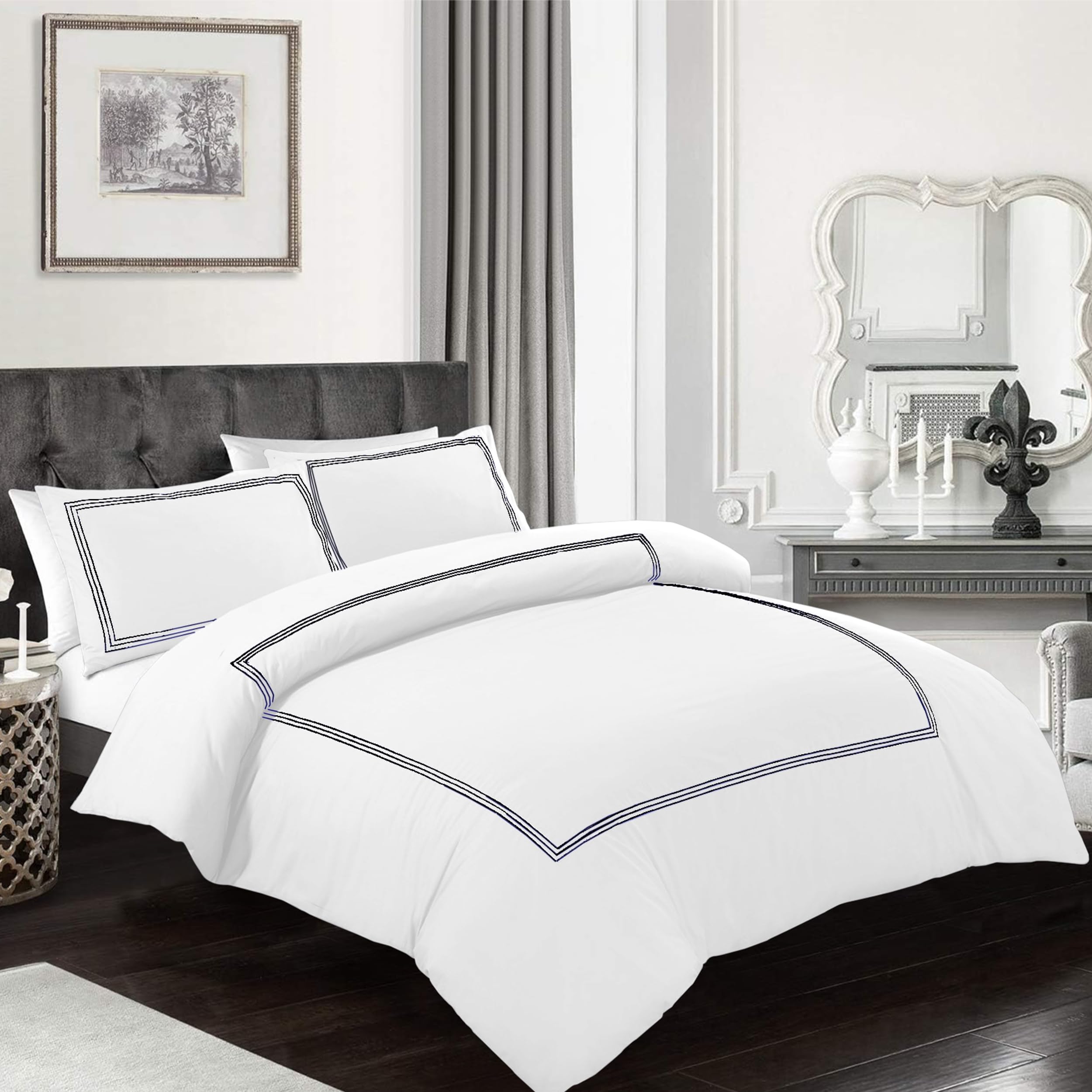 My home store Embroidered Duvet Cover Hotel Quality 200TC Bedding Set Soft Breathable 100% Poly Cotton Quilt Cover with Pillowcases (Bratta Stitch White/Navy, King)