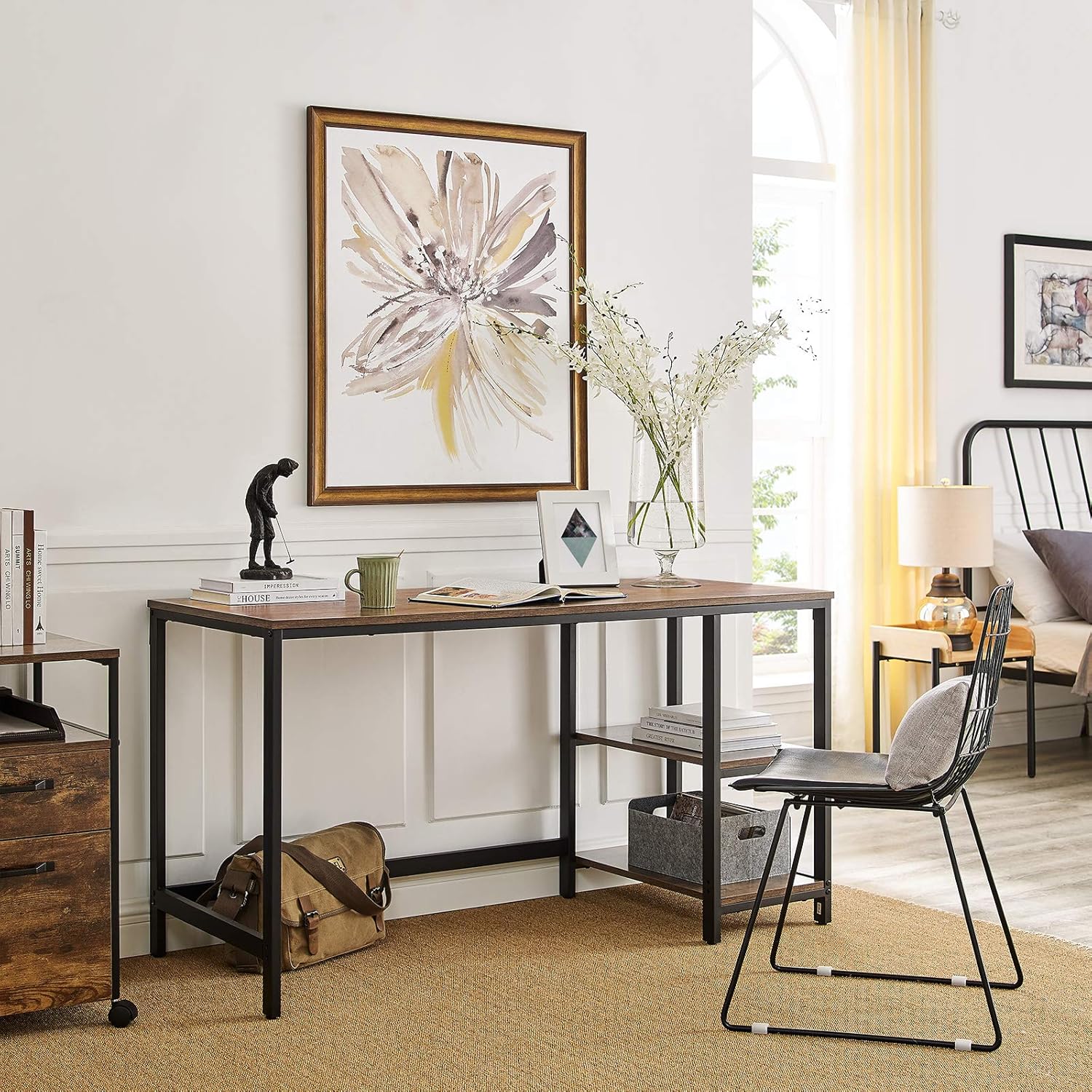 VASAGLE Computer Desk, 55-Inch Writing Desk, with 2 Shelves on Left or Right, Stable Steel Frame, Easy Assembly, Rustic Brown and Black ULWD55X: Home & Kitchen