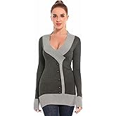 AmélieBoutik Women V Neck Faux Wrap Color Trim Sweater Tunic Top