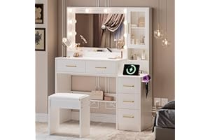 LERTRUGS 35.4" Makeup Vanity Desk with Charging Station, White Makeup Dressing Table with Mirror & Lights, 3 Lighting Modes Adjustable Brightness, Vanity Table with Power Outlet &5 Drawers Gold Handle