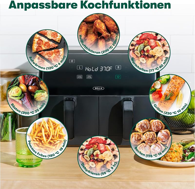 8L Dual Basket Heißluftfritteuse mit Touchscreen, 8 Kochfunktionen, einstellbarer Temperatur, automatischer Abschaltung und Timer, antihaftbeschichteten Kochschalen, 1700W, Schwarz