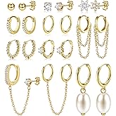 HAIAISO Small 14K Gold Plated Huggie Hoop Earrings for Women Lightweight Double Piercing Chain Earrings Dainty Stud Earrings Hypoallergenic 14K Gold Plated Hoop Earrings Set