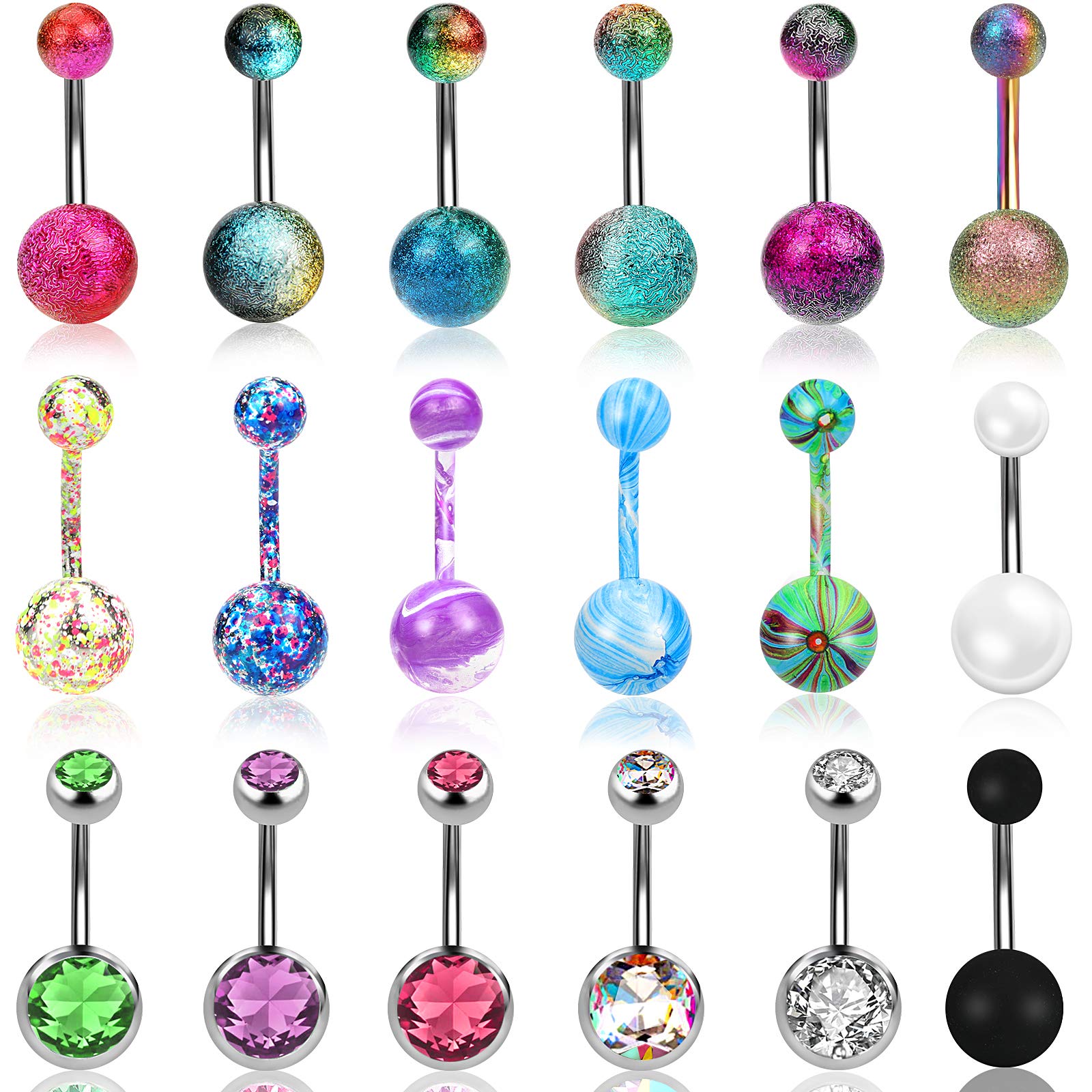 Defrsk 18 PCS 14G Belly Bars Surgical Steel Colorful Belly Button Bar Rings for Women Pearl Belly Ring Surgical Stainless Steel Navel Rings Jewelry Piercings Gift for Women Girls