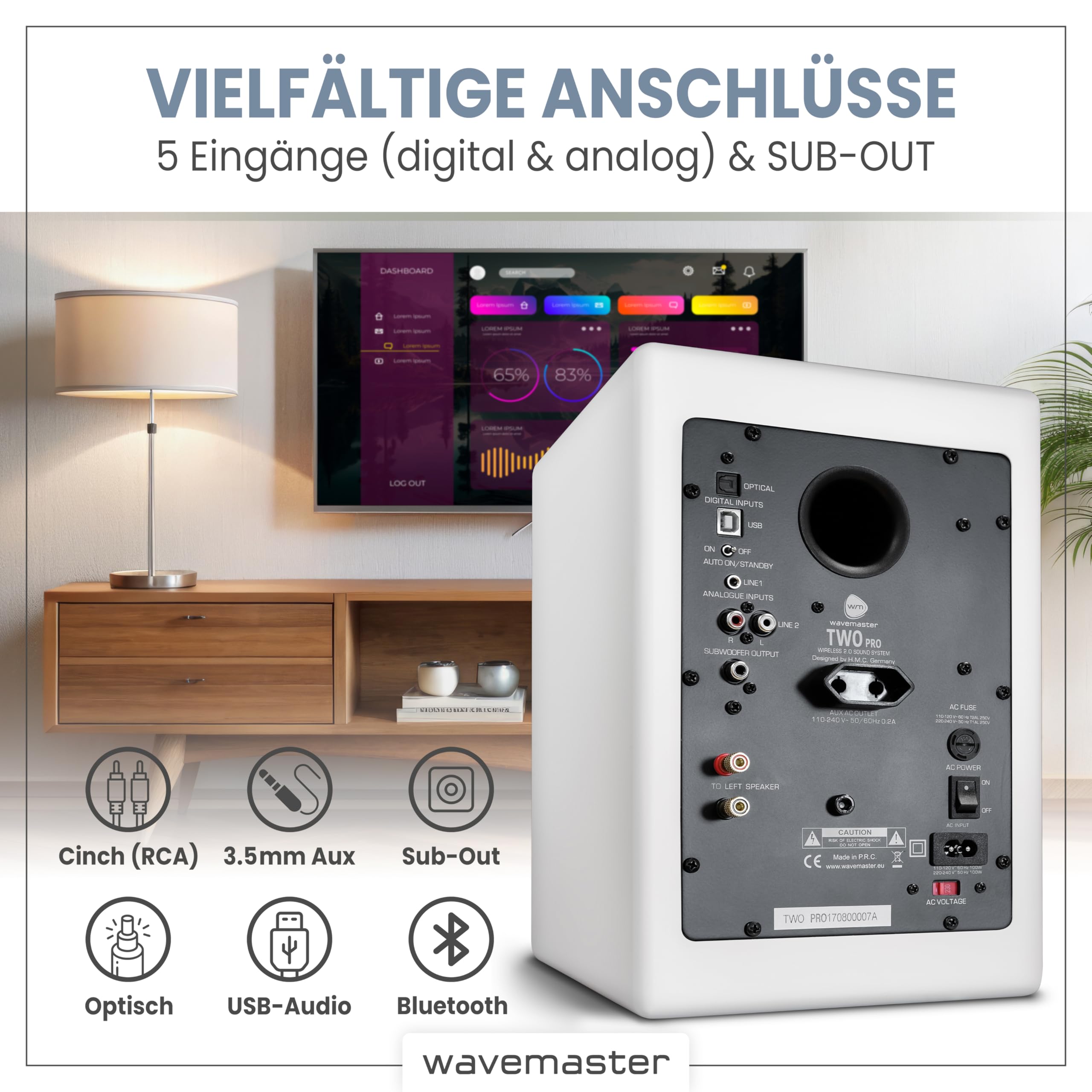 Wavemaster TWO PRO white – Regallautsprecher-System (110 Watt) mit Bluetooth-Streaming, digitalen Anschlüssen und IR-Fernbedienung Aktiv-Boxen Nutzung für TV/Tablet/Smartphone, mattweiß (66351) 6