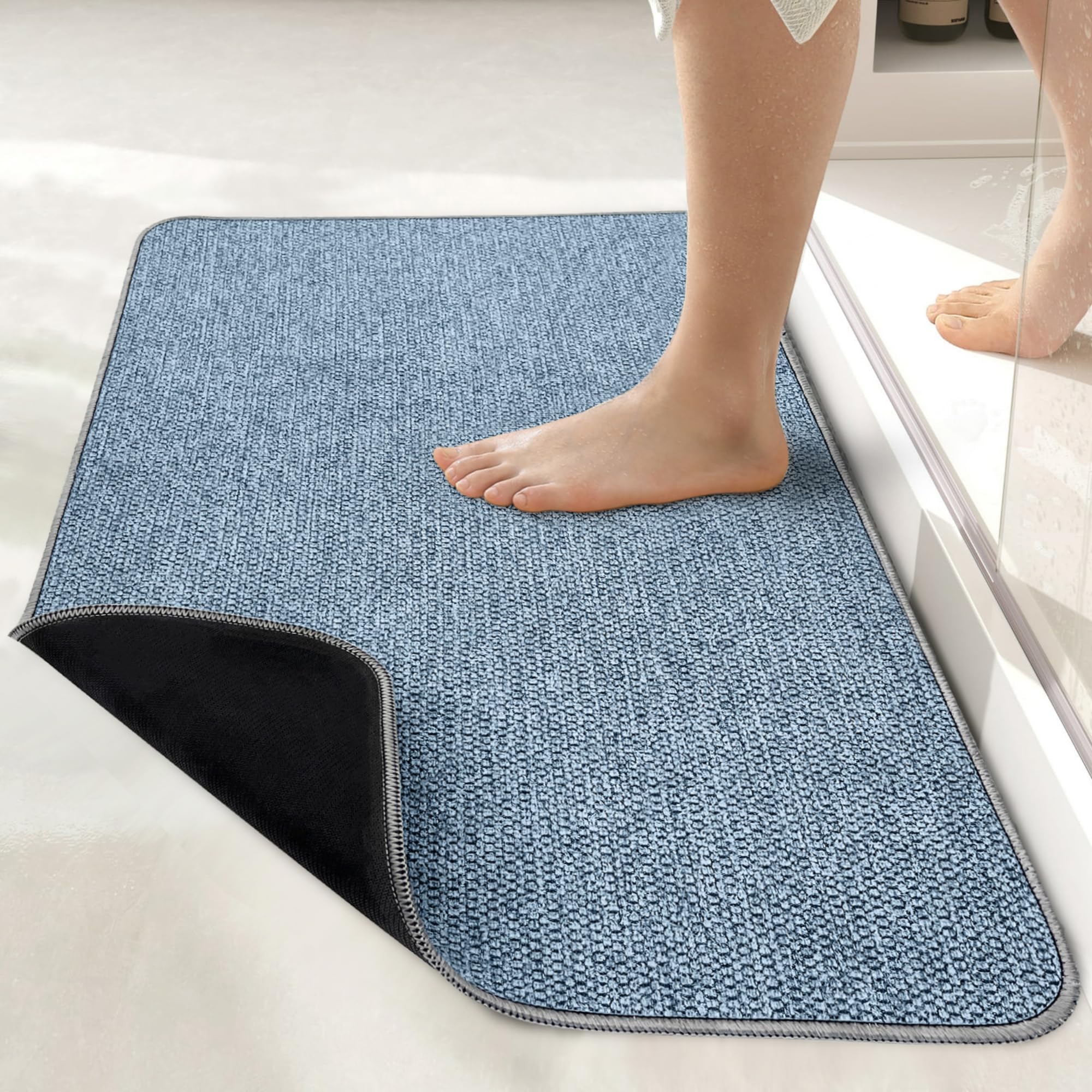 Photo 1 of Bosap Bath Mat,Ultra Thin Bathroom Rugs,Rubber Bath Mats for Bathroom,No Slip Bath Rugs,Quick Dry,Machine Washable,Low Pile,Absorbent,Shower Outside,Sink,Home Decor Accessories.Blue,2'x3'(24x36inch)