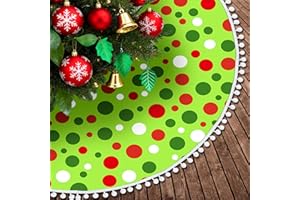 36 inch Christmas Tree Skirt Red and Green Polka Dots Xmas Tree Mat with White Pom Pom Edge for Christmas New Year Holiday Pa