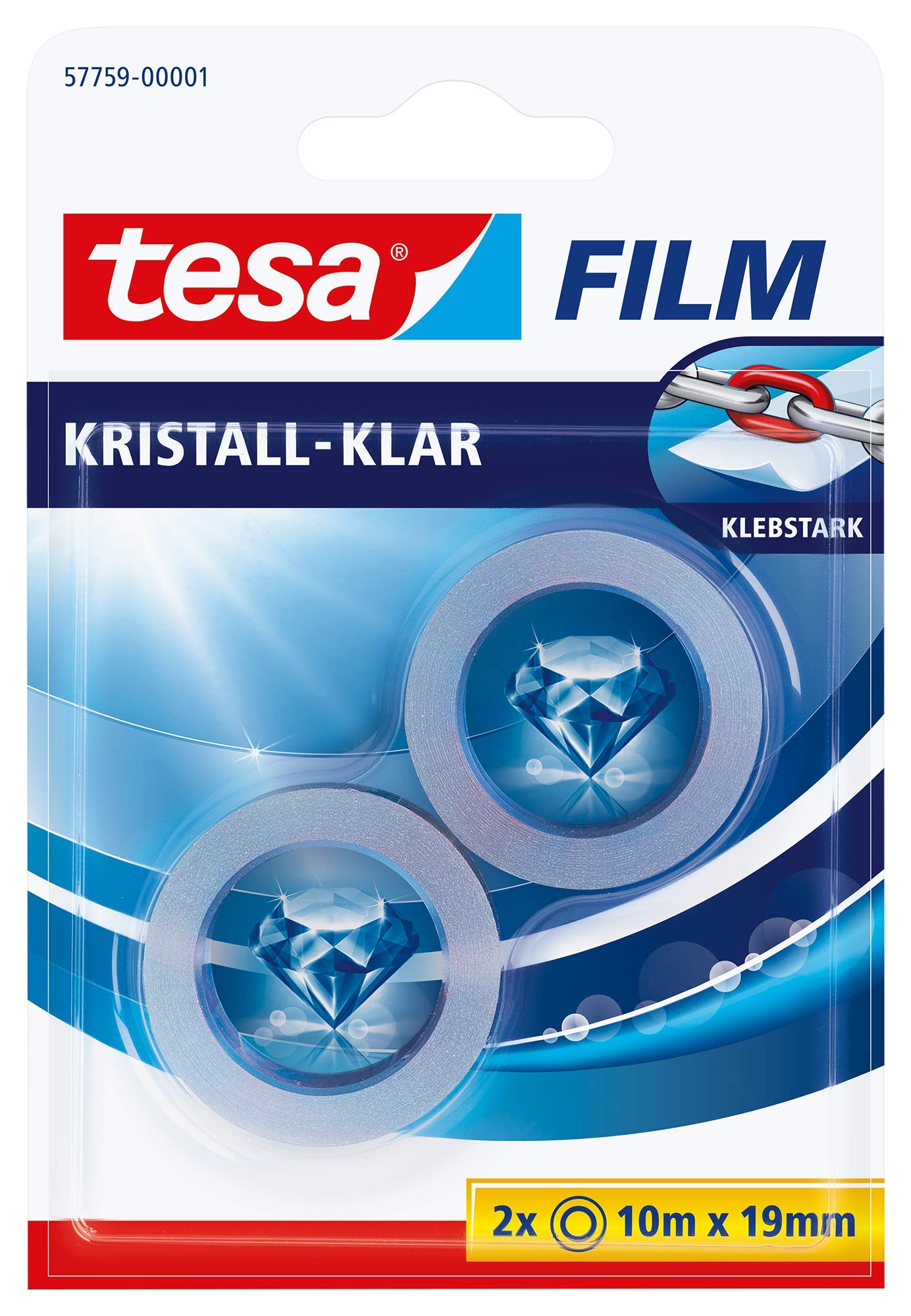 tesa Film Crystal Clear - Highly Transparent, Age-Resistant Adhesive Tape with Strong Adhesion - 10 m x 19 mm - Pack of 2