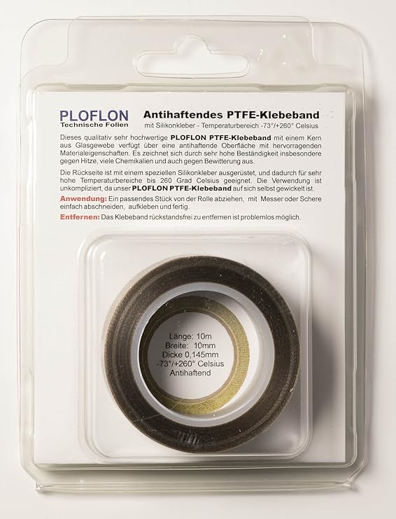 PLOFLON PTFE Teflon Klebeband, Teflonband, PTFE Band, Breite 10mm, Länge 10m, Gesamtstärke 0,145mm, antihaftende Oberfläche, 