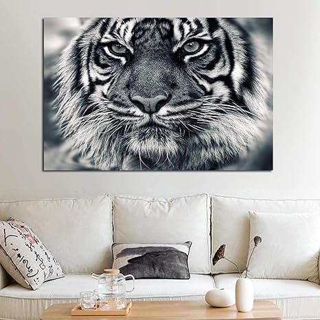 Amazon Co Jp 黒と白のタイガーと目を凝らしてひげの壁アート絵画の写真をキャンバスに印刷動物家の装飾のための写真80x1cmフレームレス ホーム キッチン