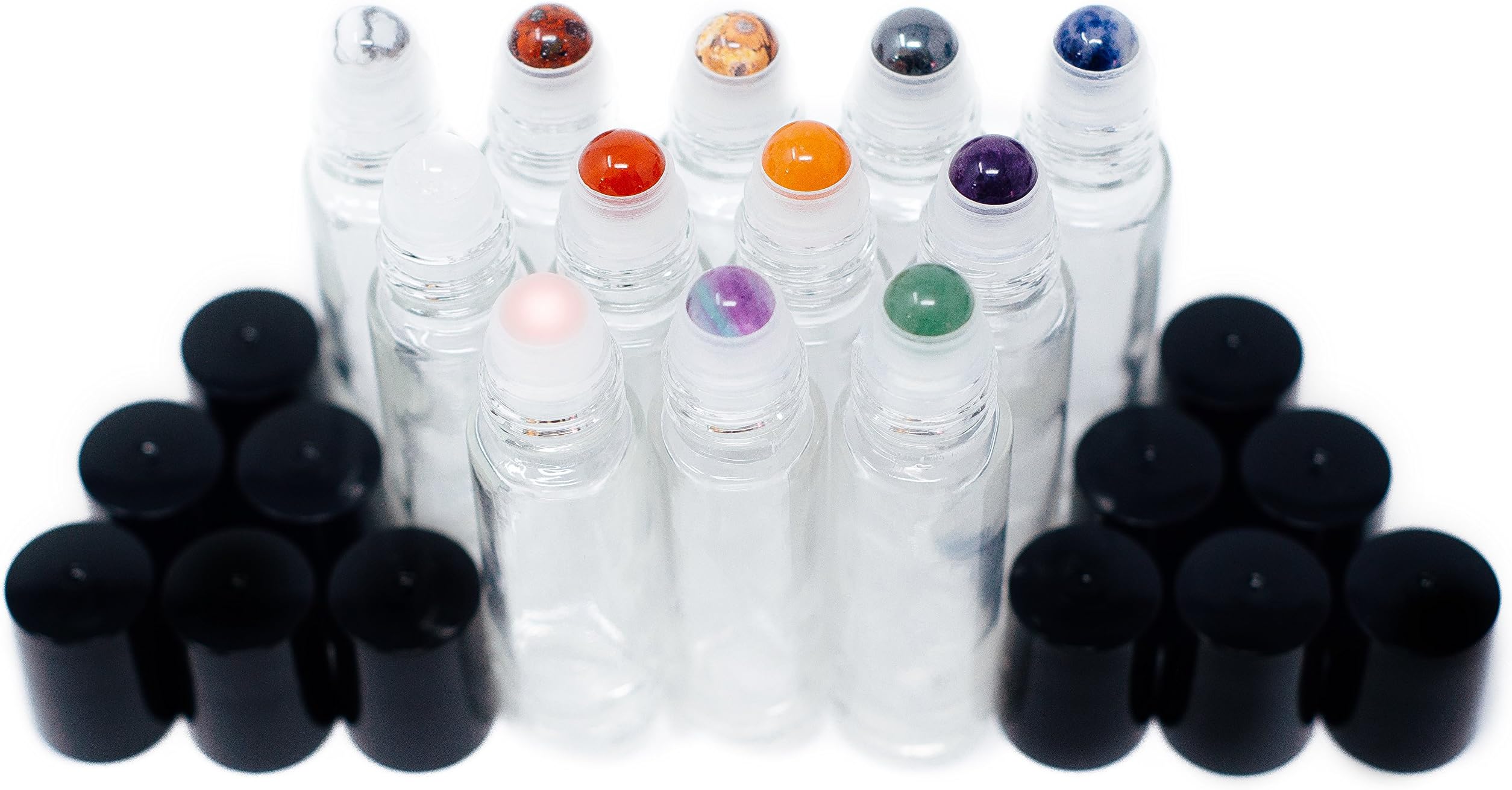 Gemstone Essential Oil Roller Bottles + Tops | Set of 12 Natural Crystals + Precious Stones | Gemstone Roller Balls | Unique Properties for Each Gemstone | Luxe Gift | Black Tops + 10ml Glass Bottles