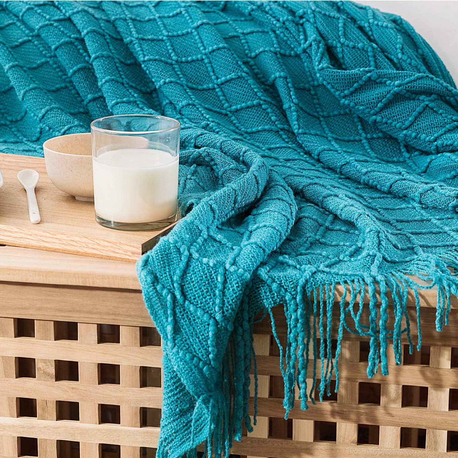 Bedsure 100% Acrylic Knit Throw Blanket, 50×60 Inch - Soft Warm Cozy Lightweight Decorative Blanket with Tassels for Couch, Bed, Sofa, Travel - Teal Turquoise Aqua Throw Blanket: Home & Kitchen