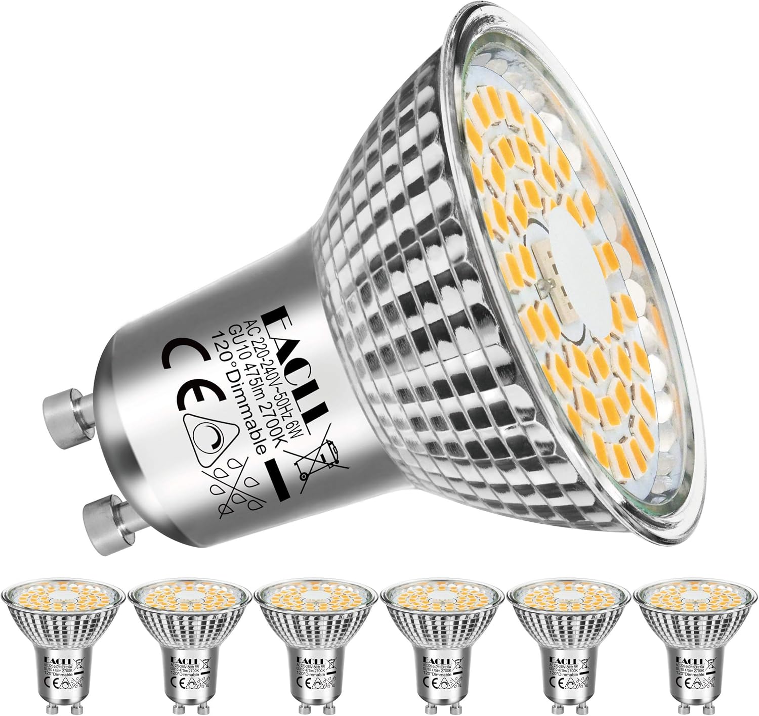 EACLL GU10 LED Bulbs Warm White Dimmable 6W 3000K Equivalent 80W Halogen, Pack of 6. 585 Lumen Energy Saving Light Source