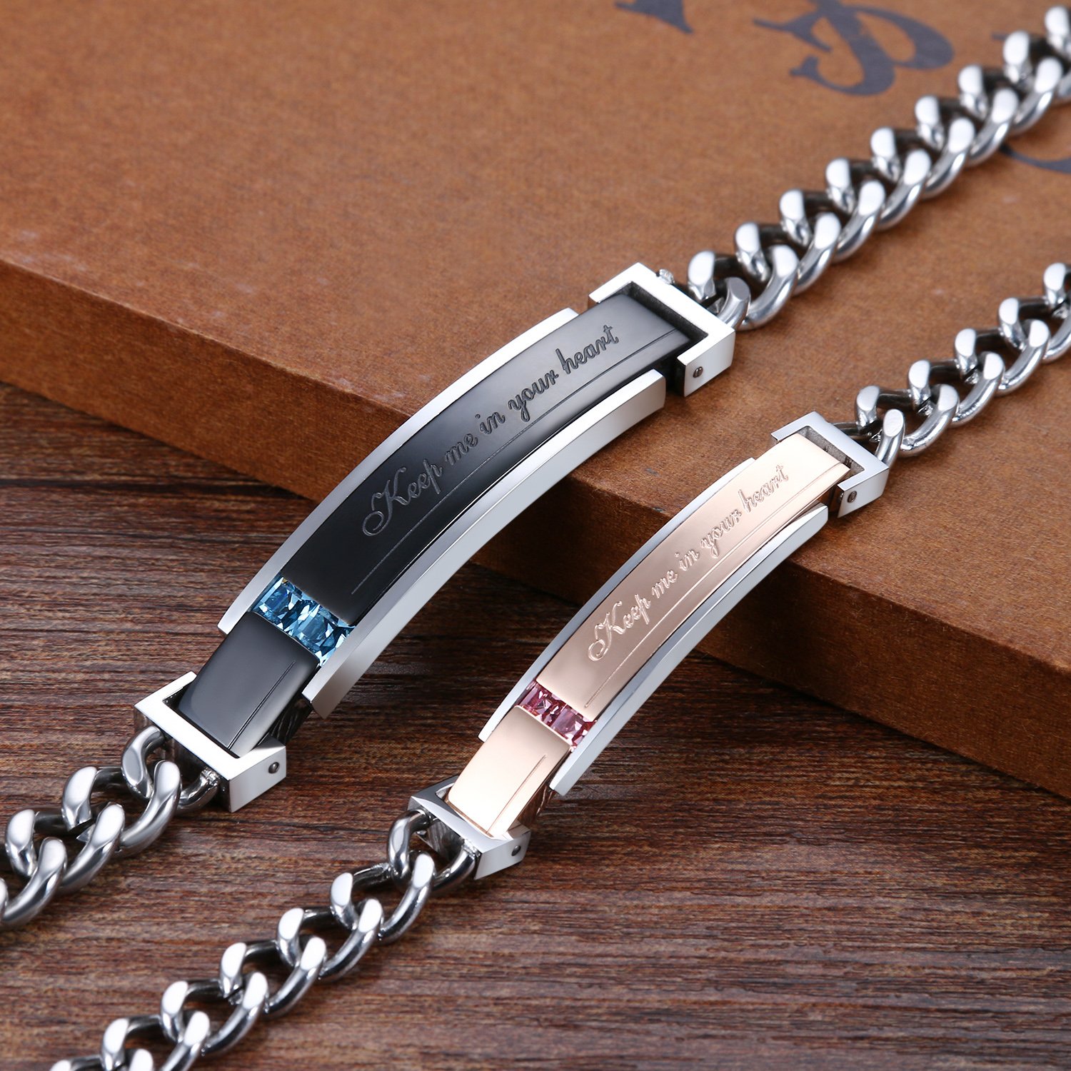 Bracciali Gioielli 1 Coppia Cupimatch Coppia Lovers Braccialetto Bracciale Acciaio Inossidabile Keep Me In Your Heart Mosaico Strass Nero Oro