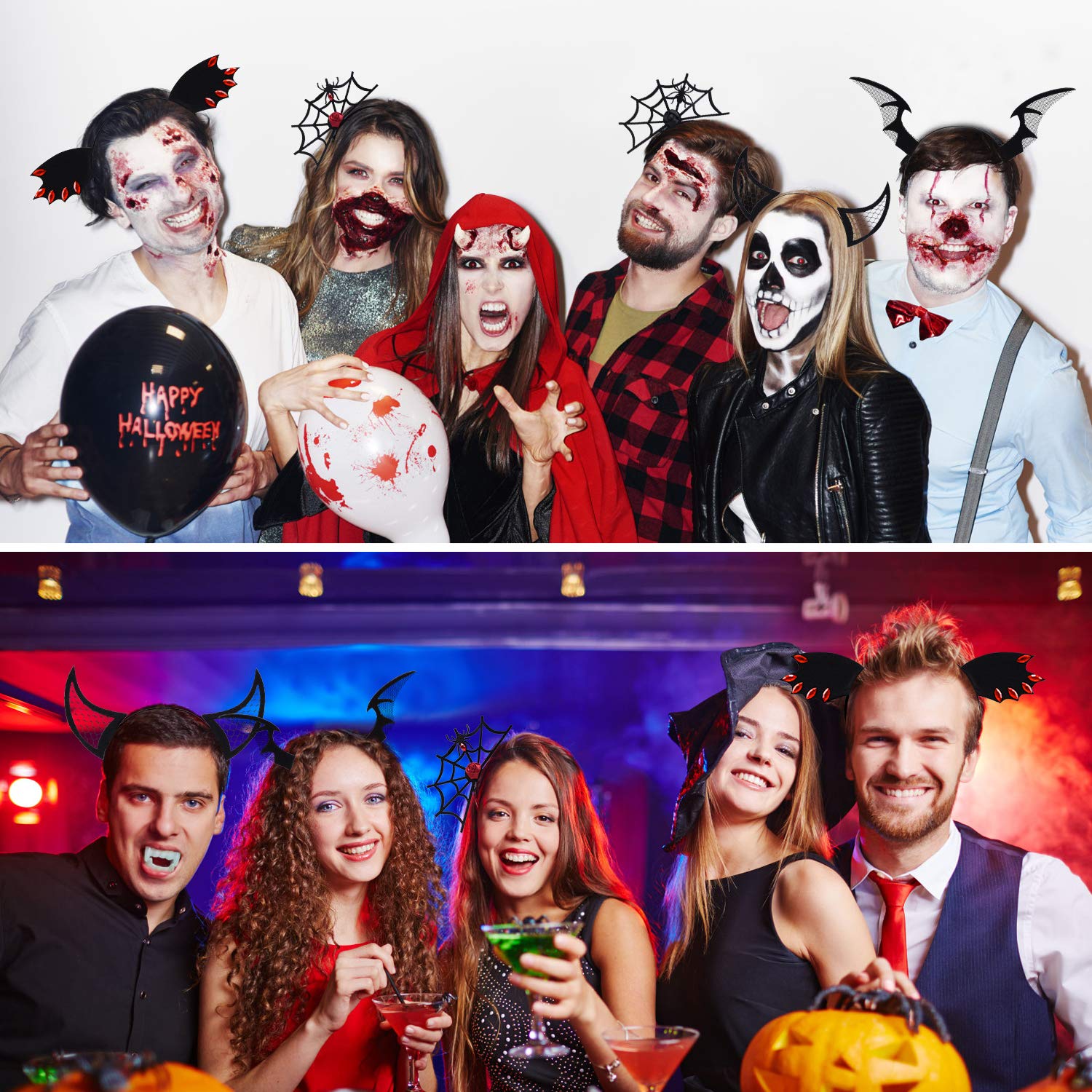 ZOYLINK 6 PCS Halloween Haarreif -Teufelshörner Haarreif, Spinnen Kopfschmuck und Fledermaus Stirnband Karneval Fasching Halloween Mädchen Dame