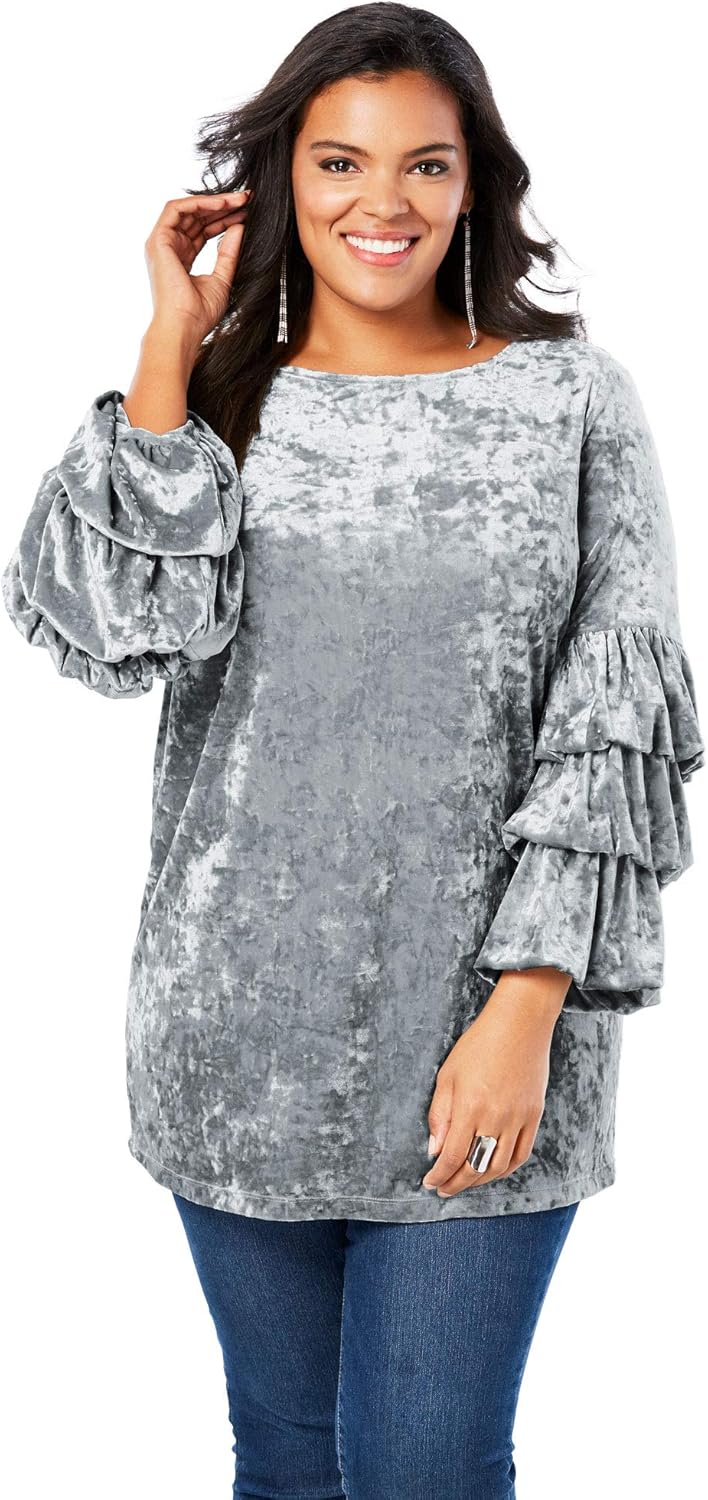 Roamans Women's Plus Size Crushed Velour Bubble Sleeve Top 34/36