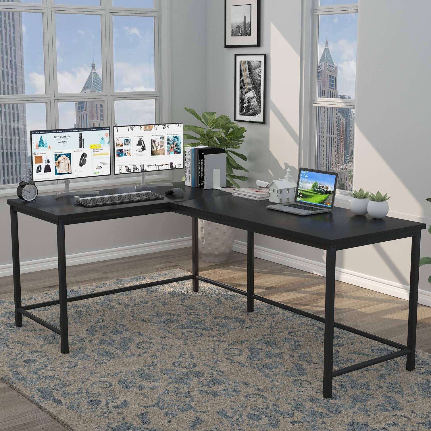 Fulol L-Shaped Desk, 66.9 Inches Industrial Corner Computer Office Desk, Large PC Laptop Desk Sturdy Gaming Table Workstation for Home Office, Double Thickness Desktop and Metal Frame