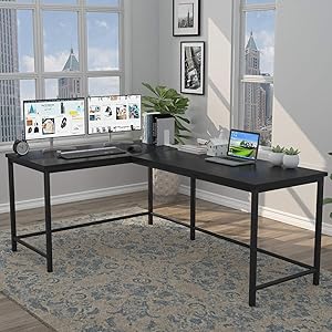 Fulol L-Shaped Desk, 66.9 Inches Industrial Corner Computer Office Desk, Large PC Laptop Desk Sturdy Gaming Table Workstation for Home Office, Double Thickness Desktop and Metal Frame