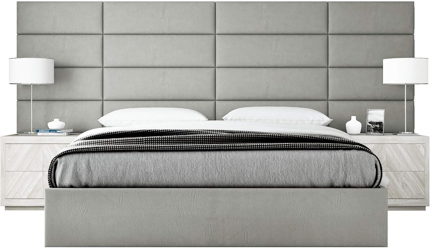 V&auml;nt Upholstered Wall Panels - Queen/Full Size Wall Mounted Headboards - Vintage Leather Light Grey - Pack of 4 Panels (Each Individual Panel 30"x11.5")