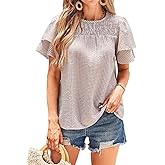 Falechay Womens Tops Dressy Casual Cute Babydoll Ruffle Sleeve Blouses Summer Gingham Flowy Peplum Peasant Shirts