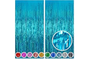 Melsan 2 Pack 3.2 ft x 8.2 ft Teal Tinsel Foil Fringe Curtains Backdrop, Sparkle Metallic Foil Curtains for Frozen/Mermaid/Under Sea Birthday Party Decoration