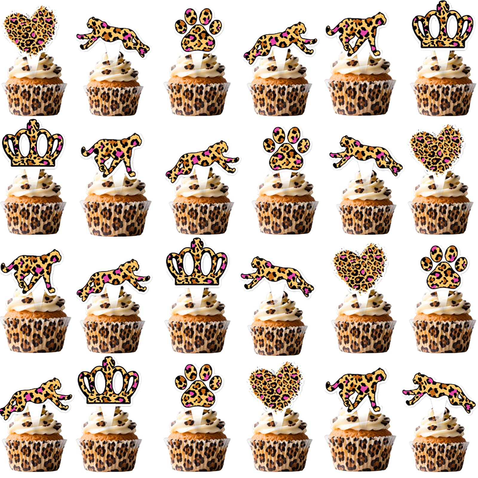Photo 1 of 48Pcs Leopard Print Heart Cupcake Toppers for Leopard Cheetah Party Decorations Animal Heart Print Cake Wild Baby Shower Birthday Decorations