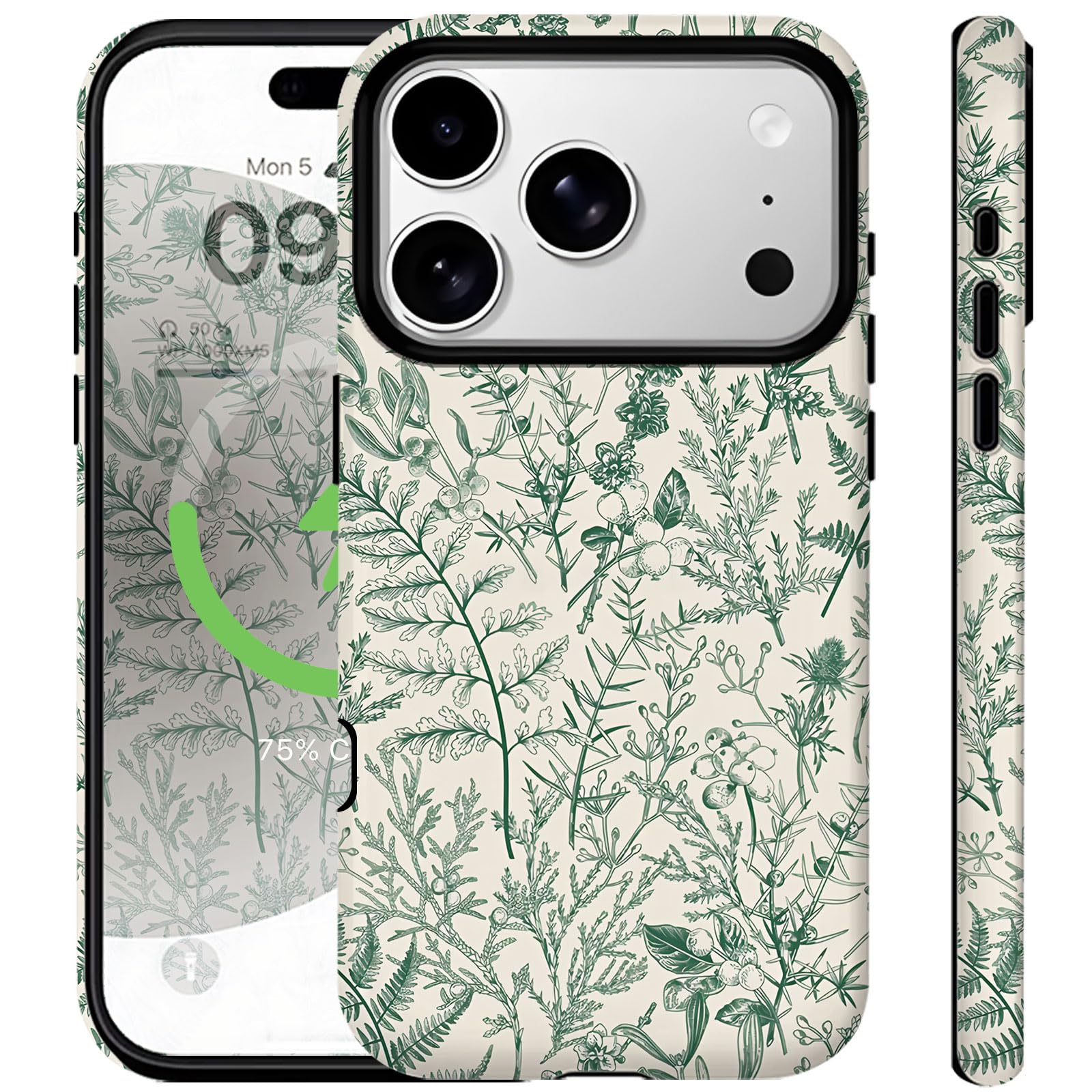Ceckooty for iPhone 17 Pro Max Case [Compatible with Magsafe] Vintage Green Flowers Leaf Cute Aethetic Elegant Design Rugge Shockproof Anti-Scratch Phone Case for Women 6.9IN 2025