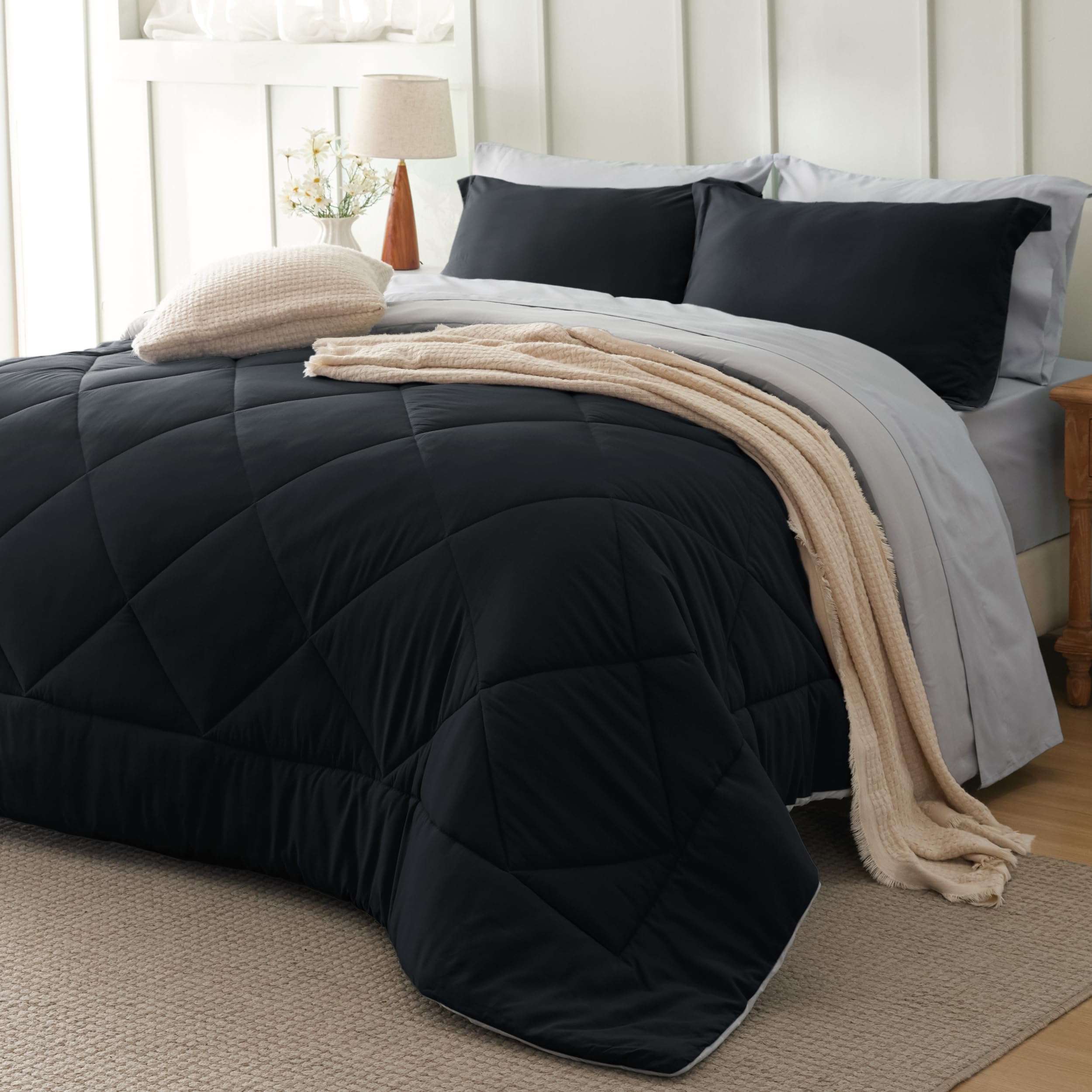 Bedsure Oversized Queen Comforter Set - 7 Pieces Reversible Black Bedding, Oversized Queen Size Bed Set for All Seasons, Bed in a Bag with Down Alternative Comforter, Sheets, Pillowcases & Shams Image