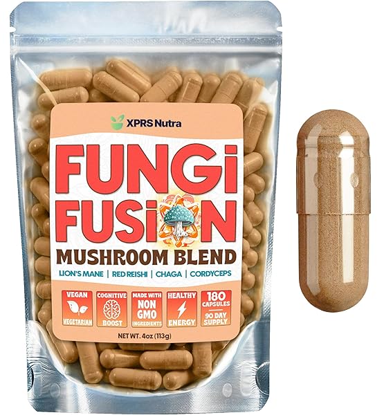XPRS NUTRA FUNGI FUSION MUSHROOM BLEND CAPSULES – 180 COUNT (90 DAY SUPPLY) PREMIUM BLEND OF LION’S MANE, REISHI, CHAGA, CORDYCEPS CAPSULES TO SUPPORT MENTAL CLARITY, COGNITION, ENERGY AND IMMUNITY