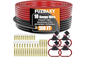 FUZBAXY 10 Gauge Wire (50Feet Black+50Feet Red) Copper Clad Aluminum Electrical Wire with Fork Spade Butt Splices Wire Terminals,Heat Shrink Tubing for Speaker,Automotive Outdoor Marine RV