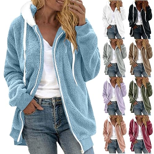 peiaclkde Winter Fleece Hoodies For Women Winter Warm Soft Teddy Fleece Hooded Sweatshirt Fluffy Jackets Full Zipper Hooded Coat Fluffy Pullover Sweatshirt Plus Size Cardigan Ladies Coats