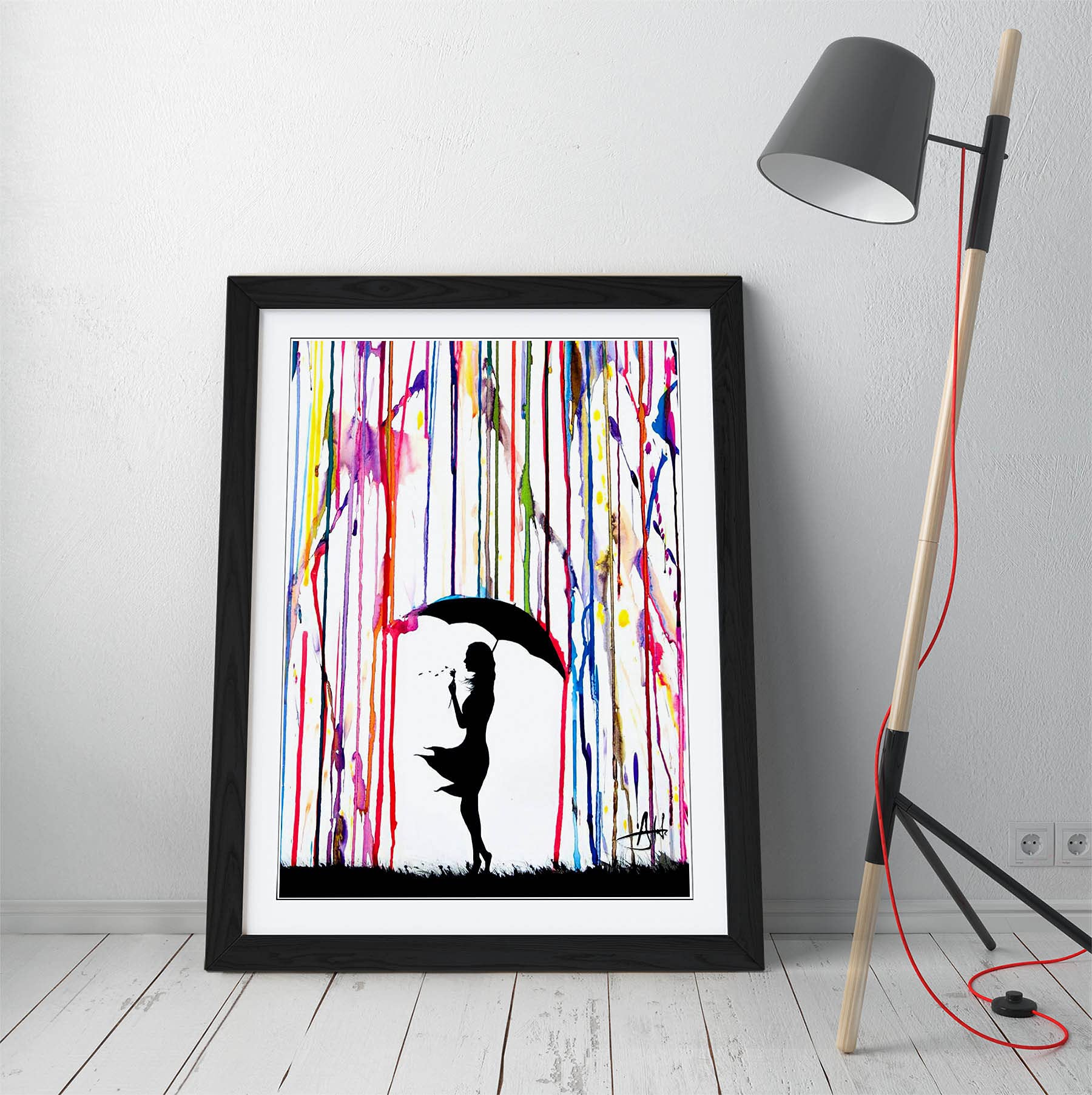 CanvasArtShop BANKSY UMBRELLA GIRL - PREMIUM WALL ART FRAMED PICTURE PRINTS - 3 COLOURS - 4 SIZES (A4, BLACK)