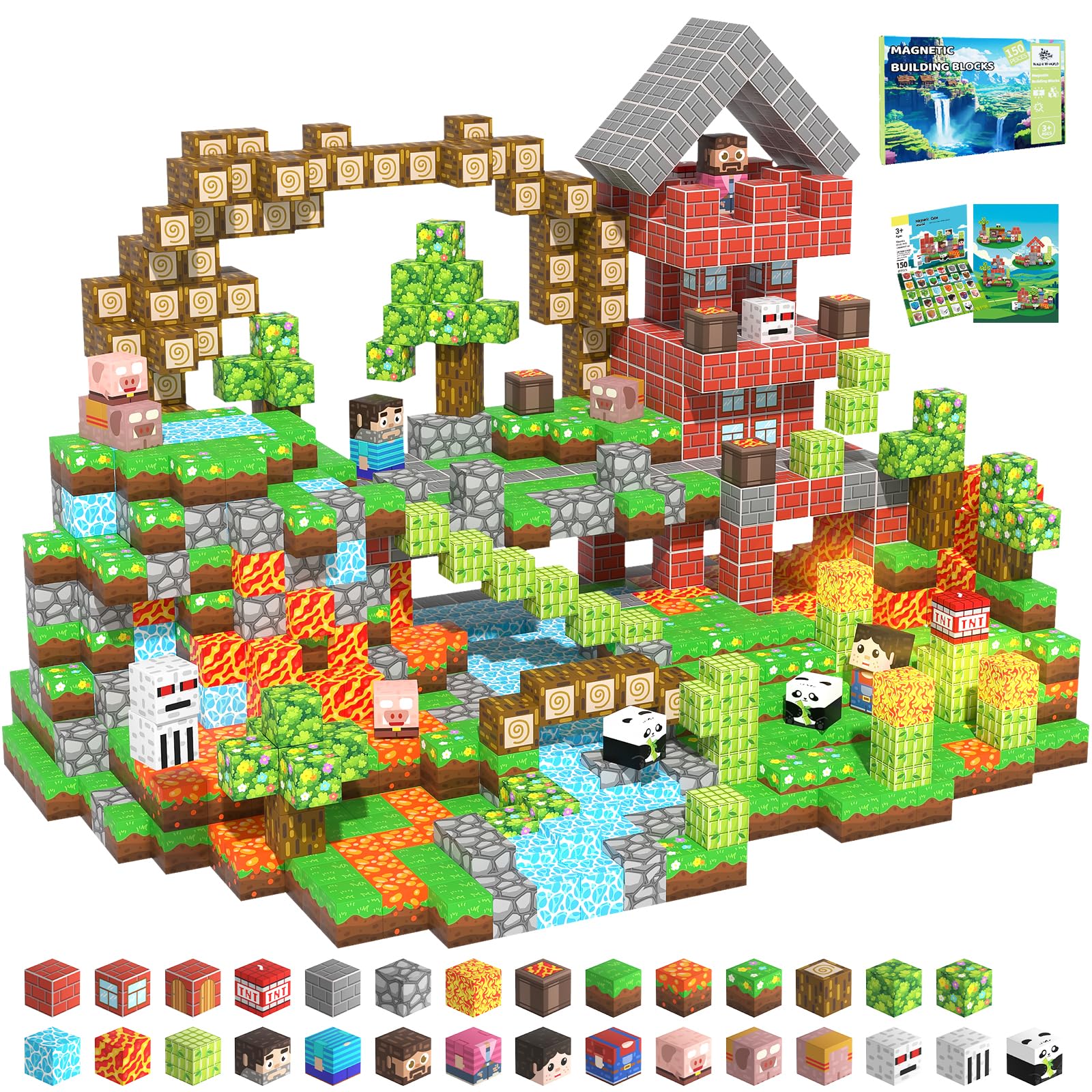 SSAWER Magnetic Blocks, 150PCS Magnetic Building Blocks, Stacking Magnets for Kids, STEM Constructions Magnet Blocks for Boys Girls Age 3+, Christmas Birthday Gifts (Bamboo Forest Castle)